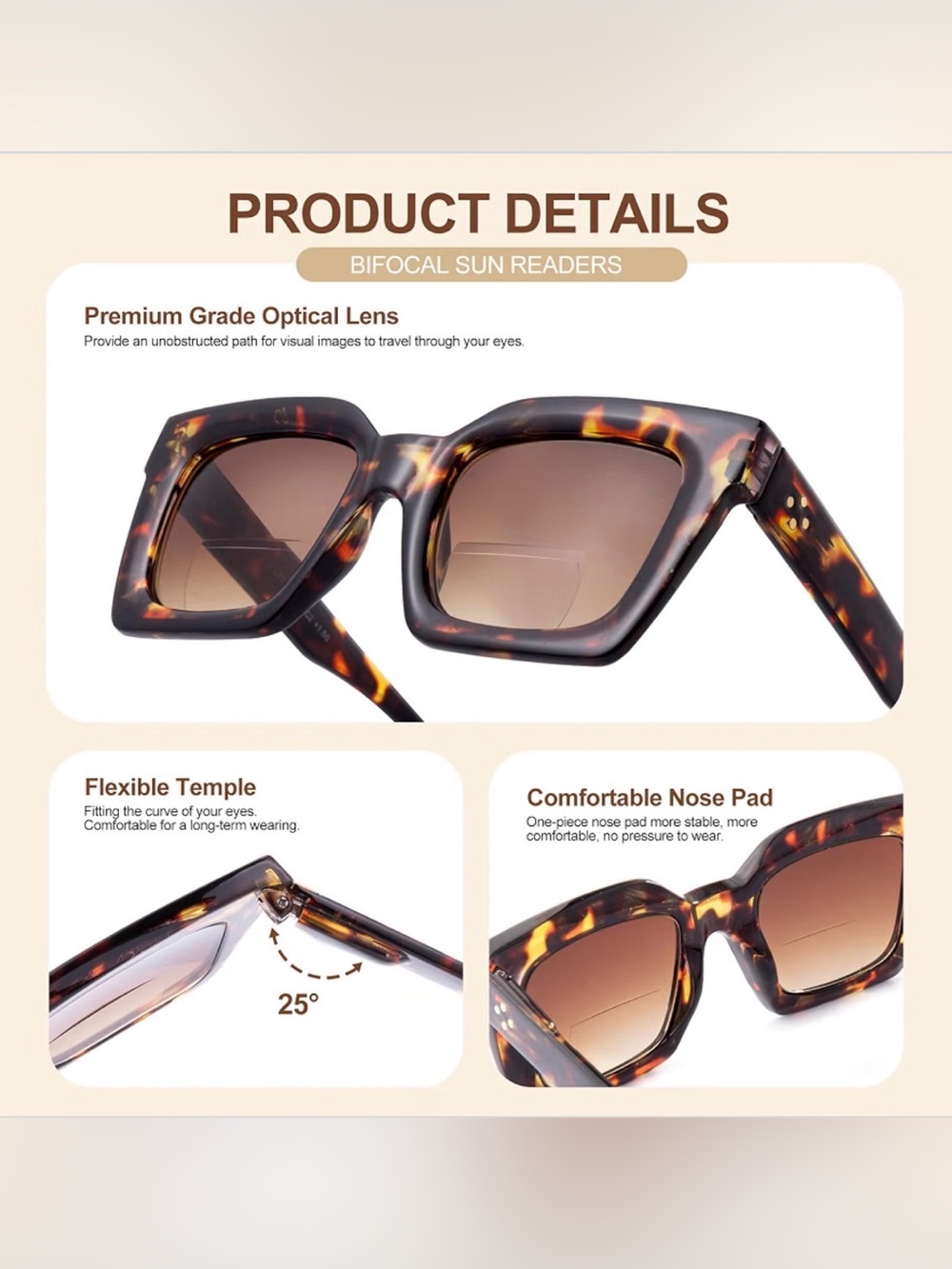Woman's Tortoiseshell Fashion Bifocal Reading Sunglasses UV400 +1.5, Brown, OS - Picture 3 of 7